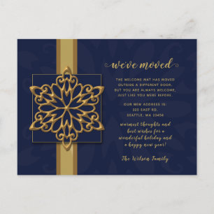 Cartão Postal Anúncio de mudança de Natal dourado azul com floco