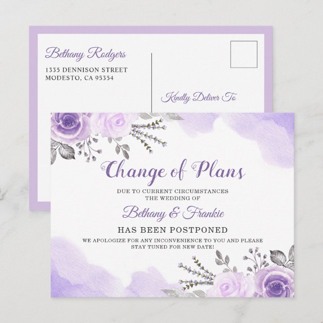 Cartão Postal Anúncio de Mudança de Planos Chic Floral Roxo (Frente/Verso)