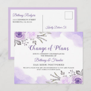 Cartão Postal Anúncio de Mudança de Planos Chic Floral Roxo