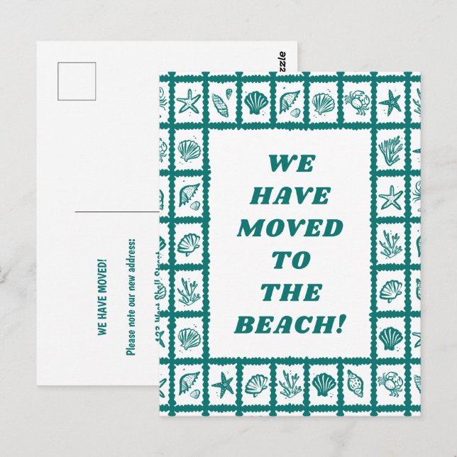 Cartão Postal ANÚNCIO DE MUDANÇA ENDEREÇO Green Seashells Beach (Frente/Verso)