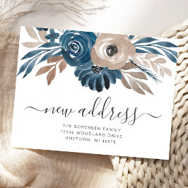 Cartão Postal Anúncio de Mudança Floral Azul Marrom Novo Endereç