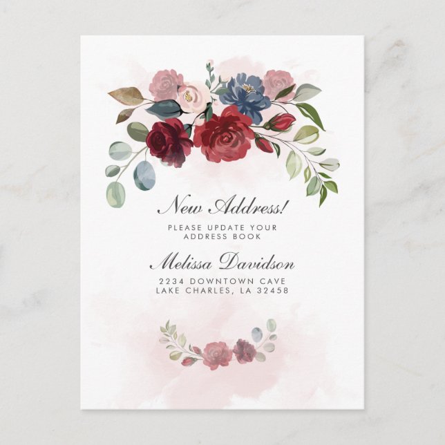 Cartão Postal Anúncio de Mudança Floral Borgonha Eu Me Mudei (Frente)