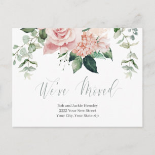 Cartão Postal Anúncio de Mudança Floral Rosa Aquarela