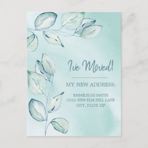 Cartão Postal Anúncio de Mudança Folhas de Aquarela Azul Verde