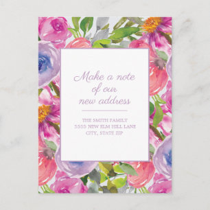 Cartão Postal Anúncio de Mudança Rosa Roxo Floral Aquarela
