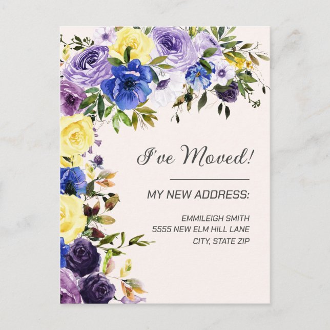Cartão Postal Anúncio de Mudança Roxo Amarelo Floral (Frente)