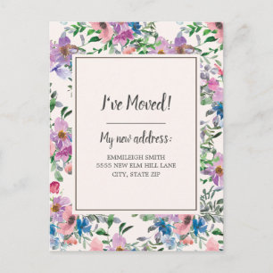 Cartão Postal Anúncio de Mudança Roxo Rosa Floral Aquarela