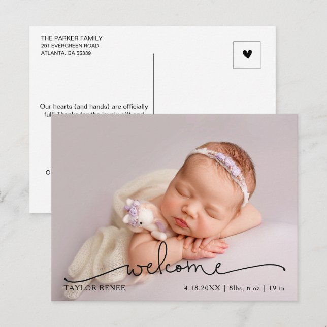 Cartão Postal Anúncio de Nascimento de Bebê com Foto Moderna em  (Frente/Verso)