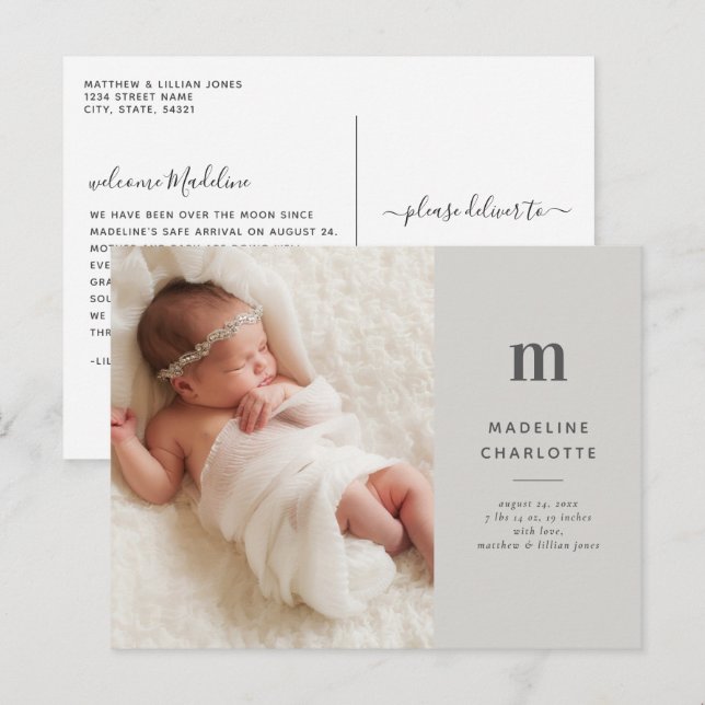 Cartão Postal Anúncio de nascimento de Cinza 1-Foto (Frente/Verso)