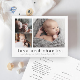 Cartão Postal Anúncio de Nascimento de Foto de Amor e Obrigados