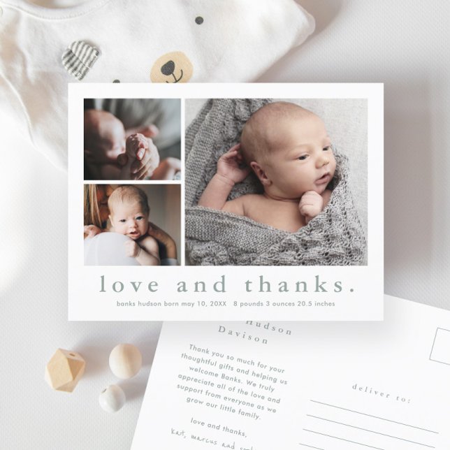 Cartão Postal Anúncio de Nascimento de Foto de Amor e Obrigados (Simple typography love and thanks 3 photo collage baby neutral thank you card birth announcement.)