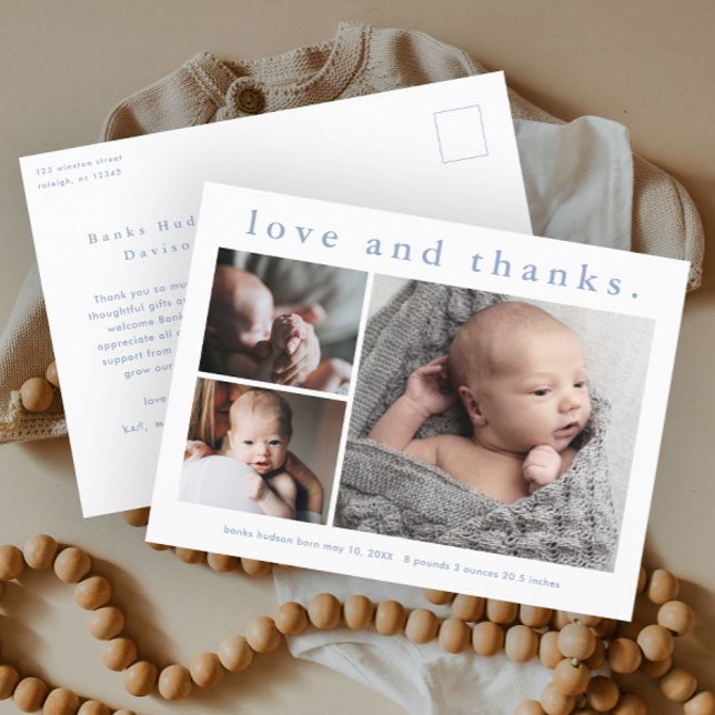 Cartão Postal Anúncio de Nascimento de Foto de Amor e Obrigados (Simple typography 3 photo collage birth announcement baby thank you postcard.)