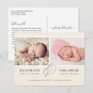 Cartão Postal Anúncio de nascimento de Foto de Gêmeos Simples 