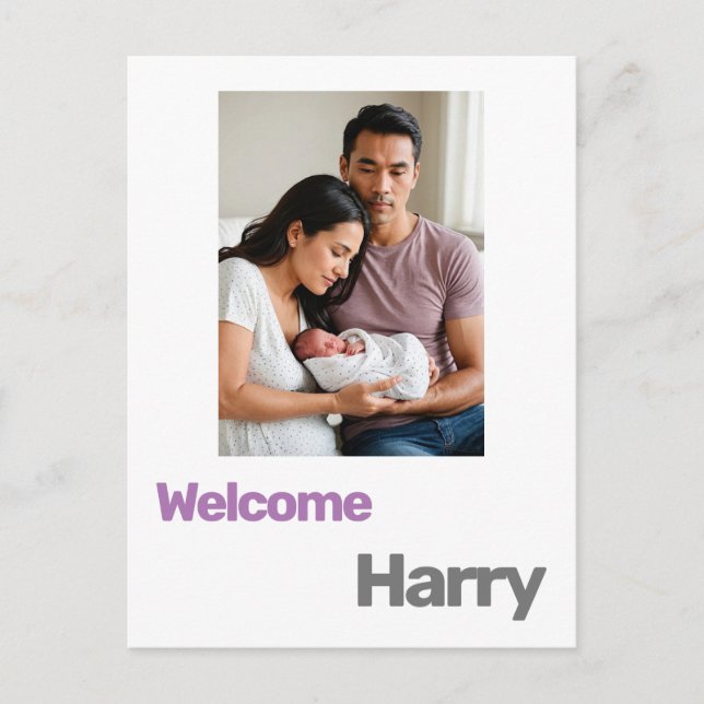 Cartão Postal anúncio de nascimento de menino ou menina roxo mod (Frente)