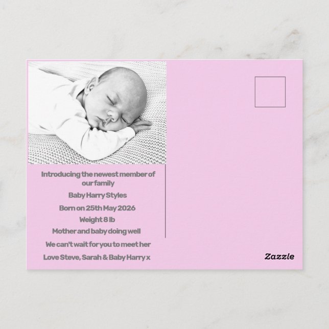 Cartão Postal anúncio de nascimento de uma bebê (Verso)