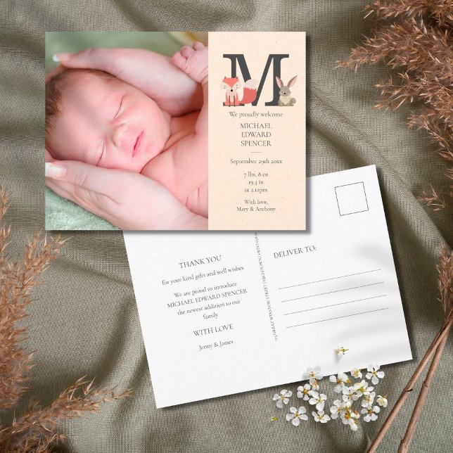 Cartão Postal Anúncio de Nascimento do Monograma de Foto do Bebê (Criador carregado)