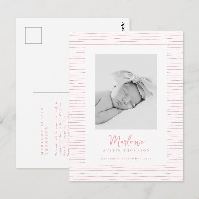 Cartão Postal Anúncio de Nascimento em Lixa Rosa com Traço Cláss (Frente/Verso)