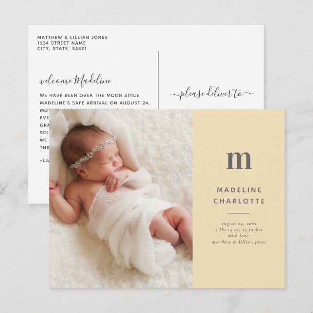 Cartão Postal Anúncio de Novo Bebê de Monograma Amarelo 1-Foto (Frente/Verso)