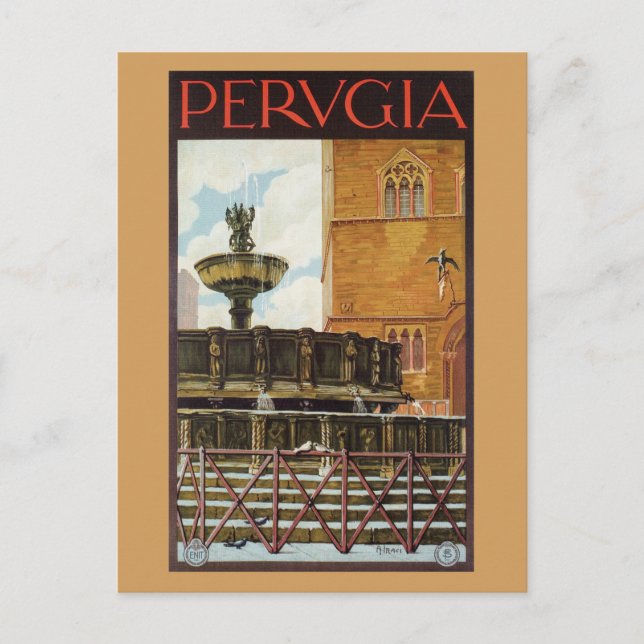 Cartão Postal Anúncio de viagem italiano vintage Perugia (Frente)