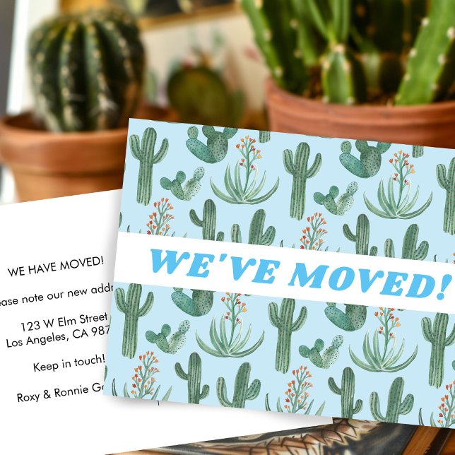 Cartão Postal ANÚNCIO EM MOVIMENTO Deserto Cactus Watercolor Blu (MOVING ANNOUNCEMENT Desert Cactus Watercolor Blue Custom New Address We've Moved Postcard
)