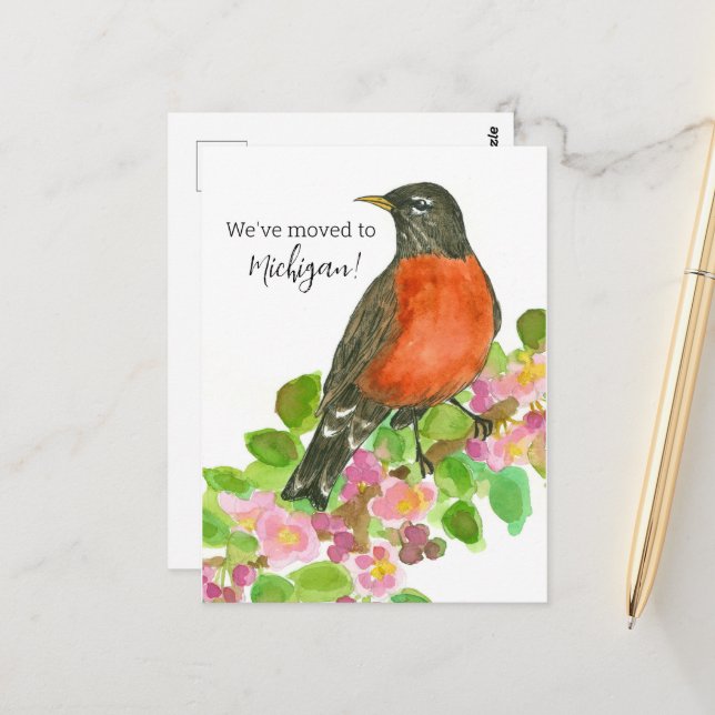 Cartão Postal Anúncio em movimento Robin Apple Blossom (Frente/Verso In Situ)