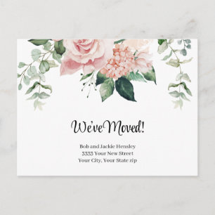 Cartão Postal Anúncio Floral Rosa Aquarela Mudamos de Endereço