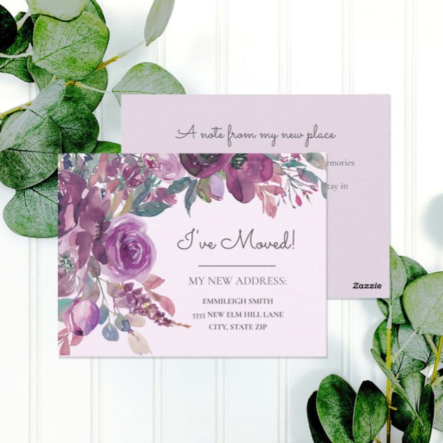 Cartão Postal Anúncio móvel Cor d'água roxa Floral (Elegant purple watercolor floral moving announcement)