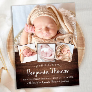 Cartão Postal Anúncio Rustic New Baby Custom 4 Photo Birth