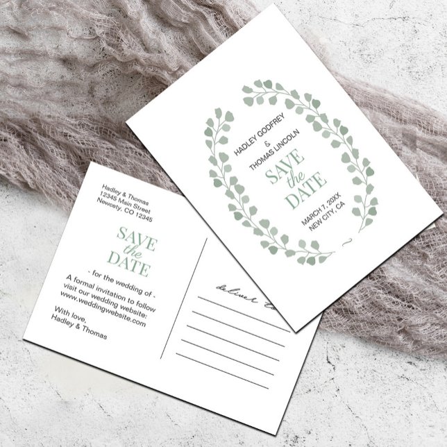Cartão Postal Anúncio Simples de Salvação da Data em Verde Sage  (Simple Sage Green and White Save the Date #savethedate #classysummerwatercolorleaves)