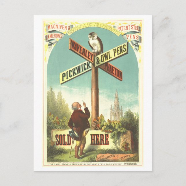 Cartão Postal Anúncio Waverly Pickwick & Owl Caneta Vintage (Frente)