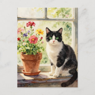 Cartão Postal Apenas Dizendo Oi   Gato e Tema Floral