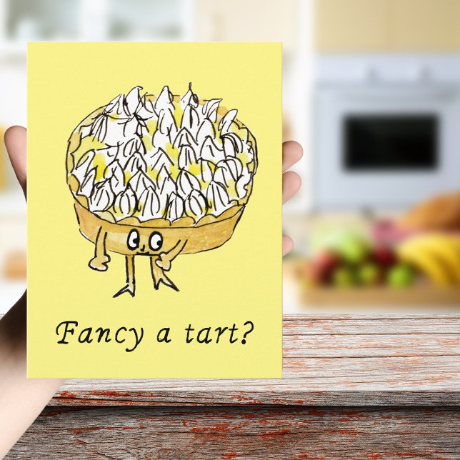 Cartão Postal Apetece uma Tarta Engraçada Tarte de Limão com Mer (Fancy a tart quote funny lemon meringue pie cartoon watercolor art greetings postcard for cake lover)