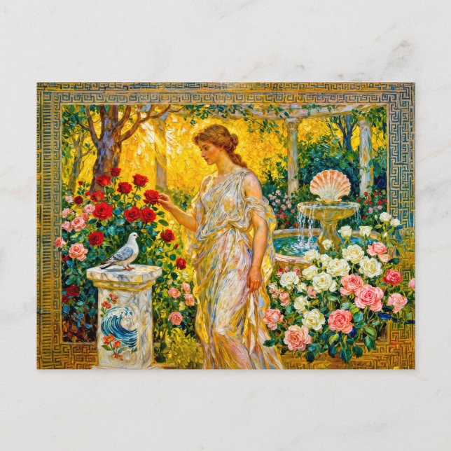 Cartão Postal Aphrodite in Rose Garden with Fountain, Shell and  (Frente)