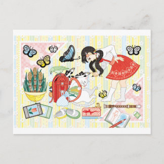Cartão Postal April illustration "Cat and school bag"