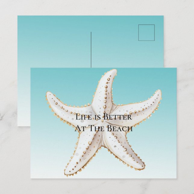 Cartão Postal Aqua Blue White Starfish Beach (Frente/Verso)