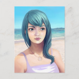 Cartão Postal Aqua - Rapariga Bonito de Cabelo Azul na Praia