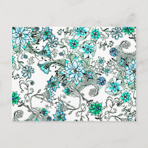 Cartão Postal Aqua teal d'água pintada manualmente floral