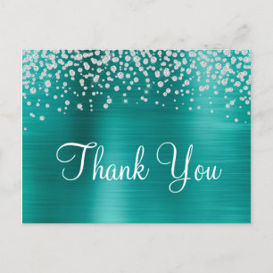 Cartão Postal Aqua Teal Ombre Foil Diamante Confetes Obrigado