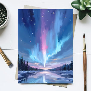 Cartão Postal Aquarela Aurora Boreal Luzes do Norte Pintada