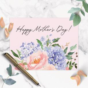 Cartão Postal Aquarela Azul Rosa Floral Feliz Dia das Mães
