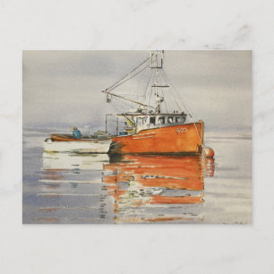 Cartão Postal Aquarela Barco de Pesca Maine Oceano Laranja Seren