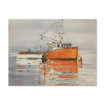 Aquarela Barco de Pesca Maine Oceano Laranja Seren