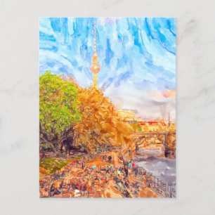 Cartão Postal Aquarela Berlim. Ambiente noturno no Monbijoupark