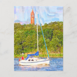 Cartão Postal Aquarela Berlim. Torre Grunewald e barco Havel