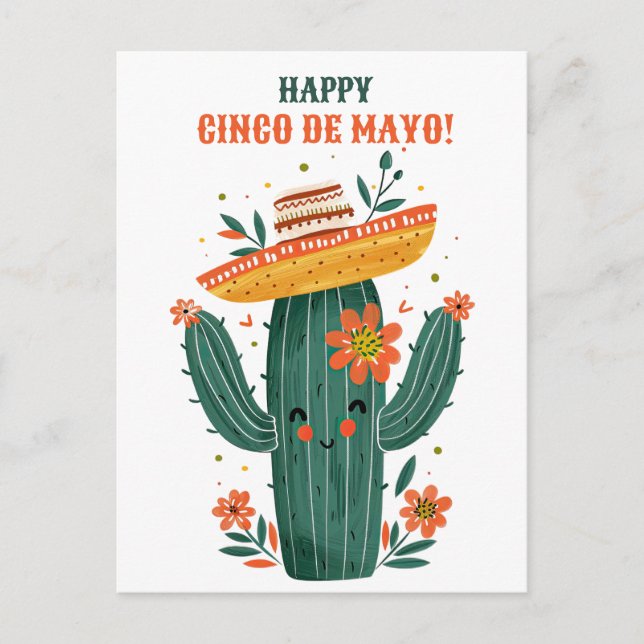 Cartão Postal Aquarela Cactus Mexicano Feliz Cinco de Mayo (Frente)