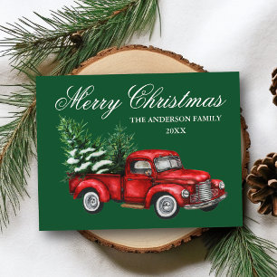Cartão Postal Aquarela Caminhão Vermelho Vintage Feliz Natal Ver