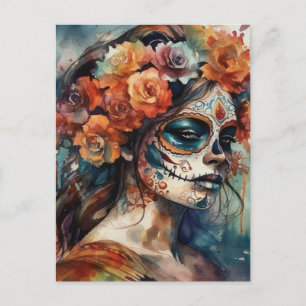 Cartão Postal Aquarela Catrina Dia de los Muertos Crânio de Açúc
