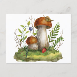 Cartão Postal Aquarela Cogumelos e Frutas Silvestres da Floresta