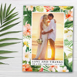Cartão Postal Aquarela Coral Tropical Floral Amor e Obrigados<br><div class="desc">Elegante Watercolor Tropical Coral Floral,  Greenerescência e Palm Deixa Noiva e Amor e Obrigados Foto de Casamento Obrigado Cartaz</div>