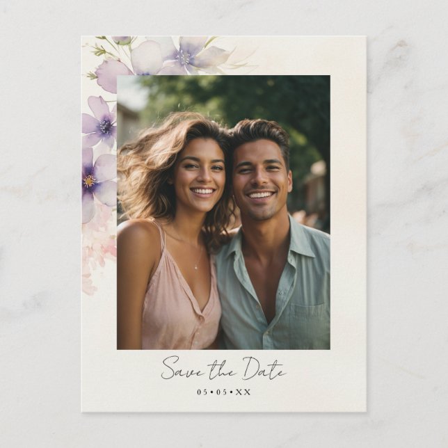 Cartão Postal aquarela cosmos flores foto salvar data (Frente)